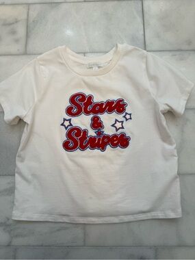 btween White Tee with Red & Blue "Stars & Stripes" Graphic